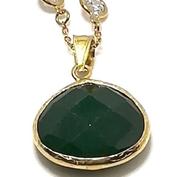 2PCS-DARK GREEN CRYSTAL QUARTZ CRY PENDANT W/ CZ 1/4" CHAIN, VERMEIL (.925 BASE) - Picture 1 of 3